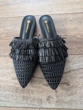 Newbella Black Woven Pointed Mule with Layered Fringe